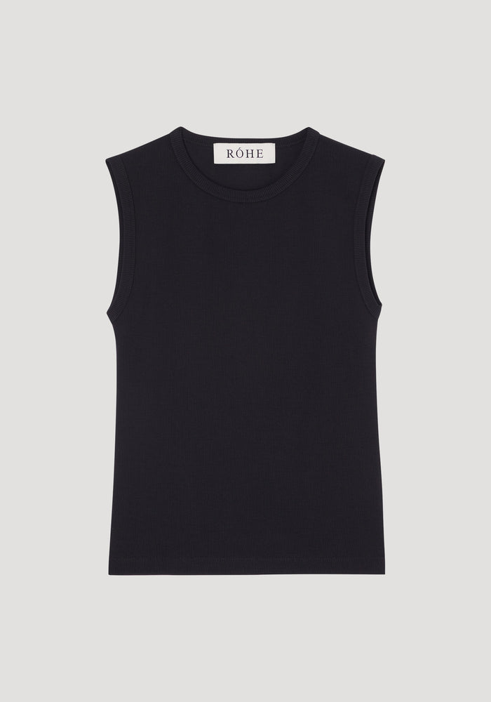 Dense rib tank top | black, sleeveless with crew neckline, crafted from tight ribbed organic cotton and elastane, featuring a small “RÓHE” label inside.