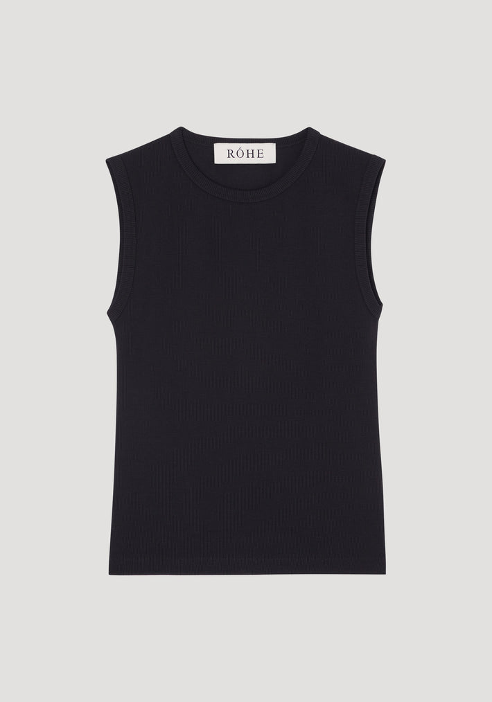 Dense rib tank top | black, sleeveless with crew neckline, crafted from tight ribbed organic cotton and elastane, featuring a small “RÓHE” label inside.