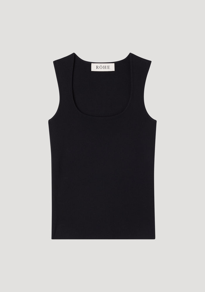 Bustier shaped knitted top | black, showcasing a fitted, sleeveless tank with a scoop-neck and a small “RÓHE” label on the back neckline.