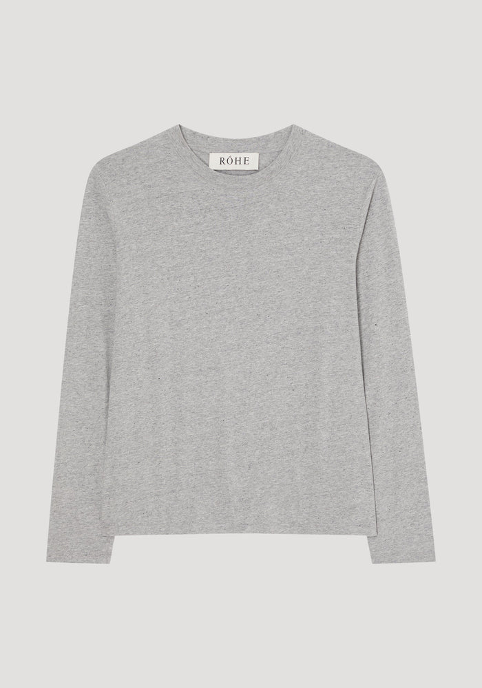 Slub melange cotton long sleeve in light grey melange, showcasing a minimalist, oversized fit with slim sleeves and a crewneck, crafted from 100% organic cotton.