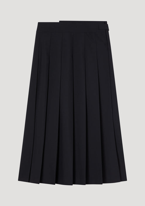 Plissé wrap skirt in black featuring a mid-length pleated design, adjustable placket strap closure, and belt detail for a refined silhouette.