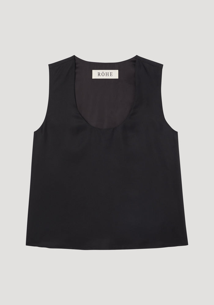 Scoop-neck silk top | black, featuring a wide scoop neckline, sleeveless design, and loose fit. Made of 100% silk, ideal for minimalist layering.