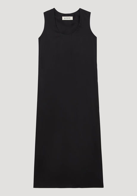Scoop-neck silk dress | black: Sleeveless, floor-length black dress with a relaxed tank-style silhouette and deep scoop neckline, made from luxurious 100% silk, labeled “RÓHE.”