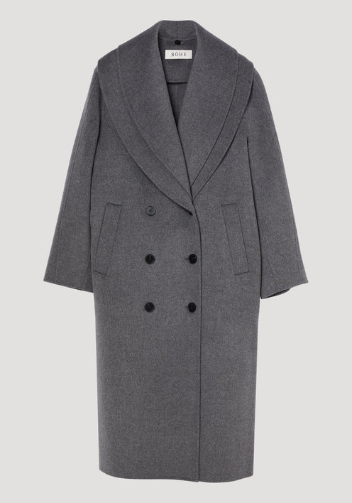 Signature double-faced scarf coat in mid grey melange with a double-breasted design, wide shawl collar, six buttons, and slit pockets, crafted from wool and cashmere blend.