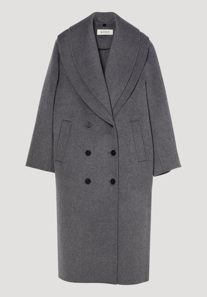 Signature double-faced scarf coat in mid grey melange with a double-breasted design, wide shawl collar, six buttons, and slit pockets, crafted from wool and cashmere blend.