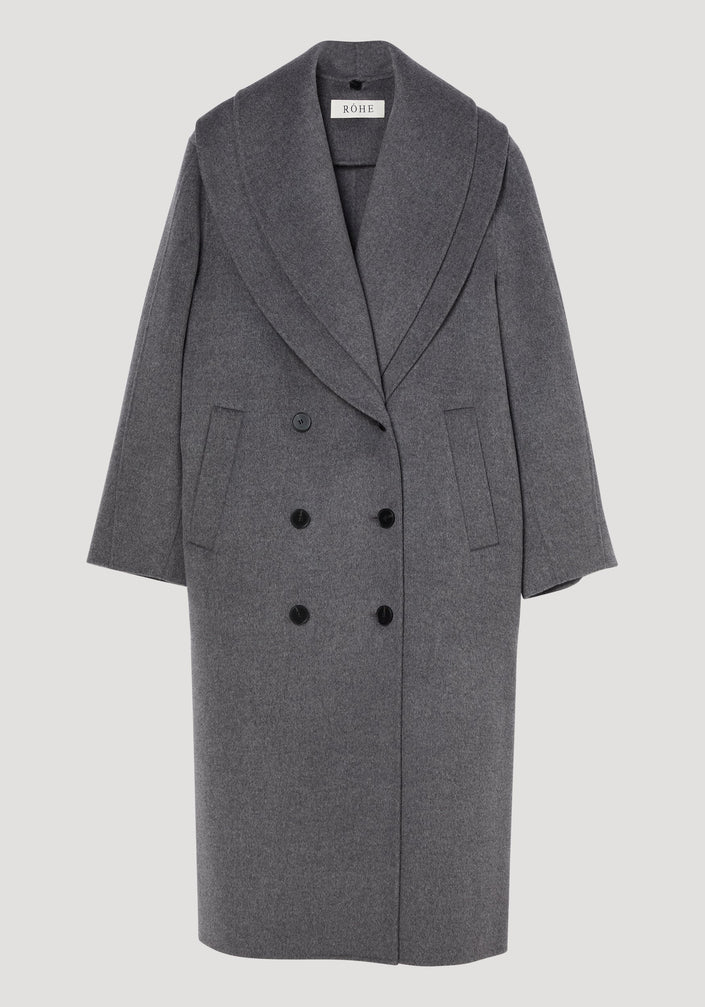 Signature double-faced scarf coat in mid grey melange with a double-breasted design, wide shawl collar, six buttons, and slit pockets, crafted from wool and cashmere blend.