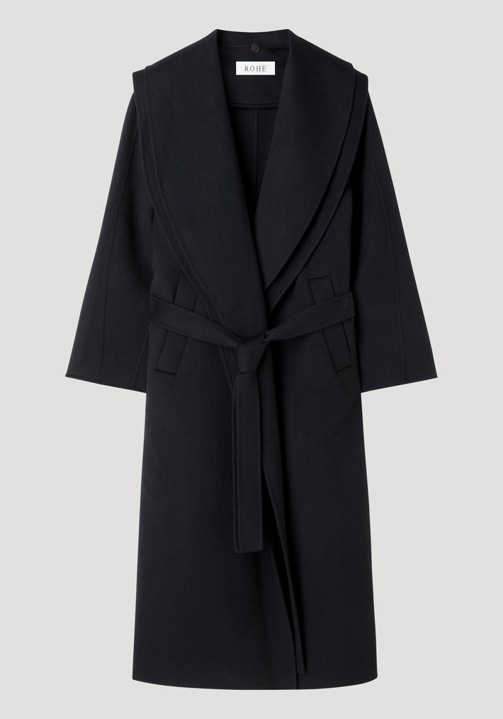 Signature double-faced scarf coat with belt, black, featuring a long wool-blend design, wide lapels, inset side pockets, and a self-tie waist belt.
