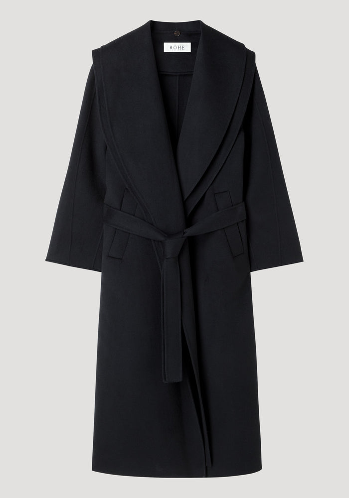 Signature double-faced scarf coat with belt in a wrap style, featuring a shawl collar, side pockets, and a matching belt, crafted from 100% wool.