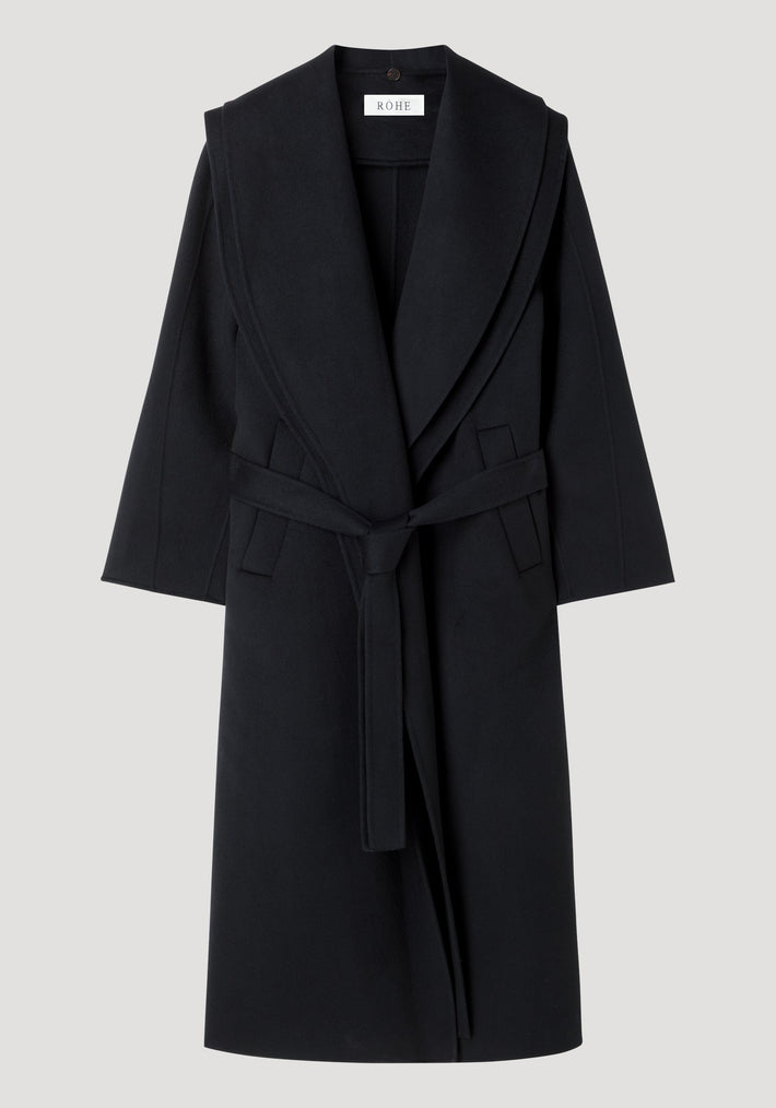 Signature double-faced scarf coat with belt in a wrap style, featuring a shawl collar, side pockets, and a matching belt, crafted from 100% wool.