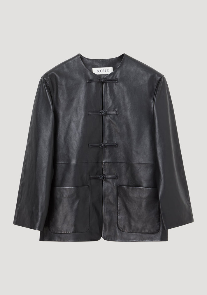 Mandarin leather jacket | black features a collarless design with pankou closures, long sleeves, and two hip patch pockets, crafted from 100% sheep leather.