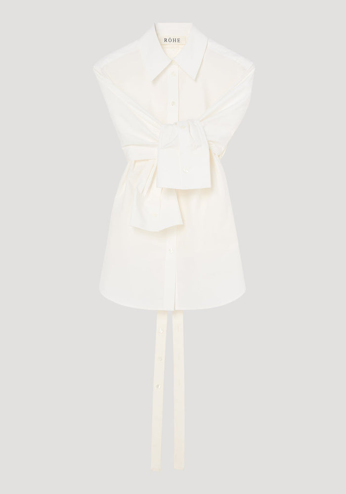 Poplin silk combined gilet-shirt by RÖHE, featuring a button-down front, collared neckline, long sleeves knotted at waist, and silk back with open armholes.