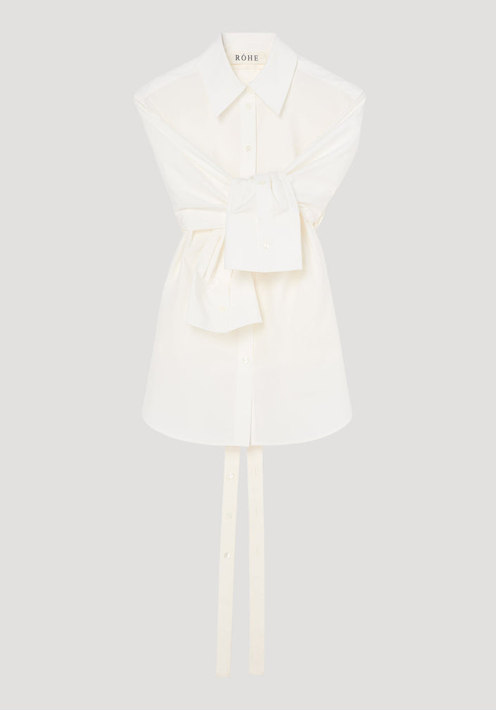 Poplin silk combined gilet-shirt by RÖHE, featuring a button-down front, collared neckline, long sleeves knotted at waist, and silk back with open armholes.