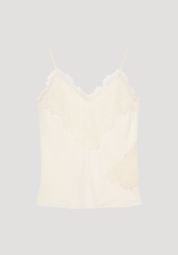 Lace camisole | cream with delicate lace trim, V-neckline, and adjustable spaghetti straps, crafted from smooth viscose for elegant evening wear.