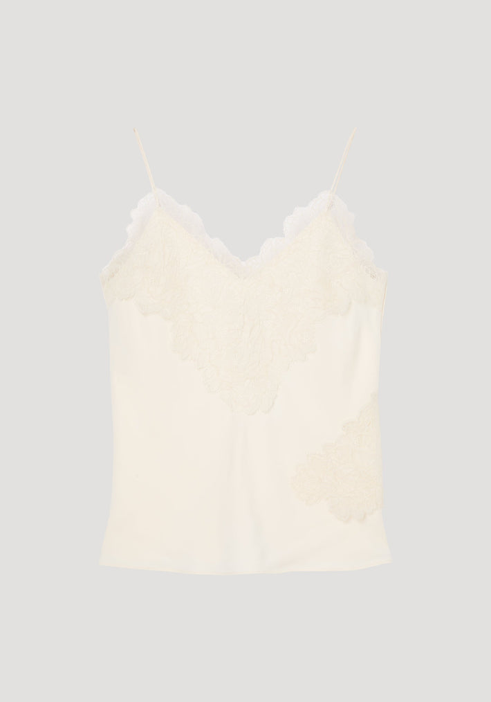 Lace camisole | cream with delicate lace trim, V-neckline, and adjustable spaghetti straps, crafted from smooth viscose for elegant evening wear.