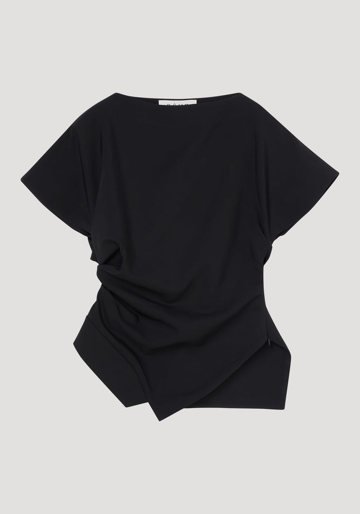 Draped lapel top | black features a boat neckline, flared sleeves, twisted waist drape, and asymmetrical hem, embodying minimalist, architectural design.