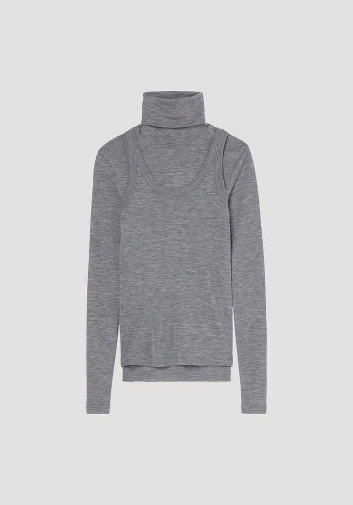 Double-layer wool top in mid grey melange, featuring a heather-grey turtleneck under a matching sleeveless scoop-neck tank, laid flat to show its layered style.