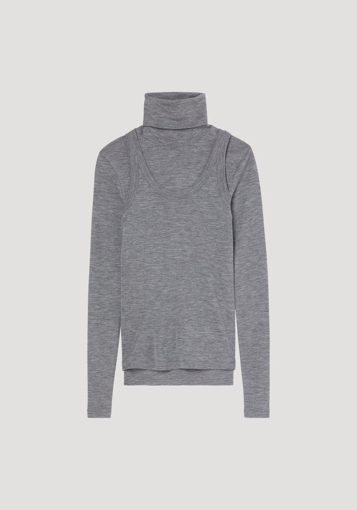 Double-layer wool top in mid grey melange, featuring a heather-grey turtleneck under a matching sleeveless scoop-neck tank, laid flat to show its layered style.