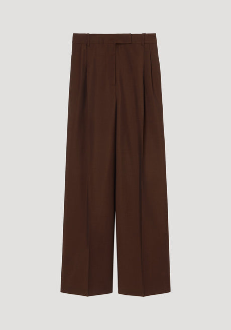 Mid-waist tailored trousers in a deep brown with wide legs, belt loops, and front pleats, crafted from a virgin wool and mohair blend.