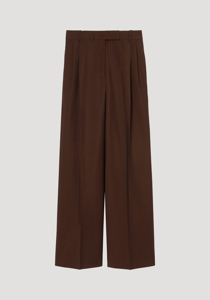 Mid-waist tailored trousers in a deep brown with wide legs, belt loops, and front pleats, crafted from a virgin wool and mohair blend.