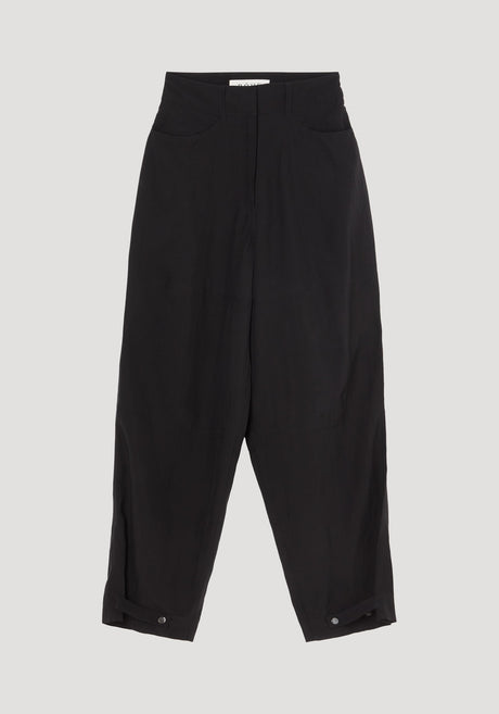 Parachute trousers | black: High-waisted, wide-leg trousers in lightweight viscose-linen. Features concealed fly, slanted pockets, adjustable ankle tabs, and a brand label at the waistband.