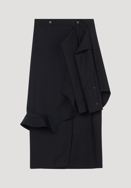 Shirt wrap skirt in black featuring an asymmetric draped overlay, buttoned waist, and deconstructed shirt-like ruffles, crafted from a soft virgin wool and mohair blend.