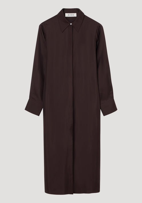 Silk open back wrap dress in mahogany, featuring a concealed button front, pointed collar, long sleeves, and a wrap tie detail for versatile styling.