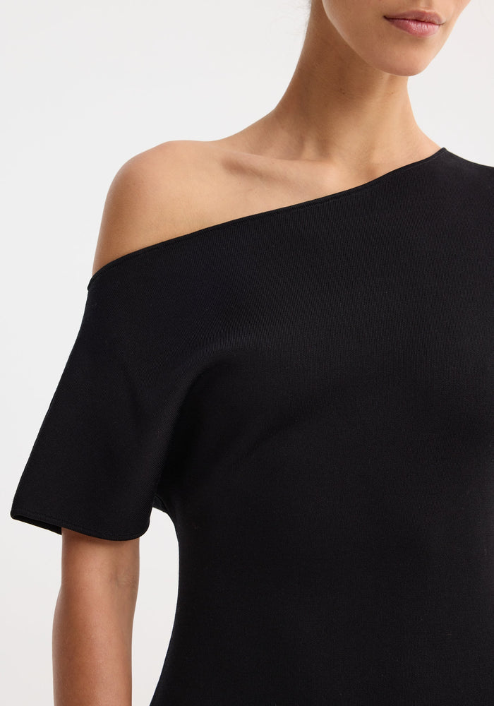 Asymmetrical knitted dress | black showcasing quiet confidence through intentional tailoring, elevated minimalism, and sculptural craftsmanship in its timeless design; an investment piece crafted from high-end Italian fabrics.