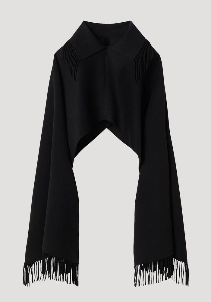 Fringe poncho double-faced wool | black features a collar-neck design with long draping panels and fringe trim, crafted from soft, 100% wool for warmth and elegance.