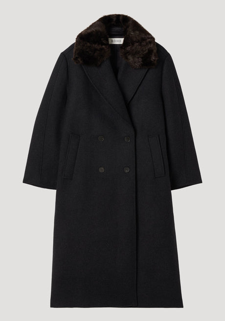 Double-breasted coat with faux fur collar in anthracite melange, featuring a plush collar, tailored silhouette, and flap pockets, crafted from a wool blend.