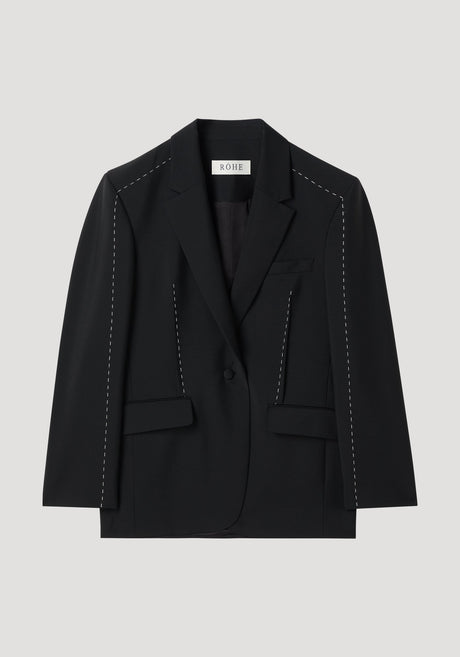 Contrast detail blazer | black, featuring a single-button design with fine white stitching, oversized fit, and lapel revealing a white underside. Made from premium wool-mohair blend.