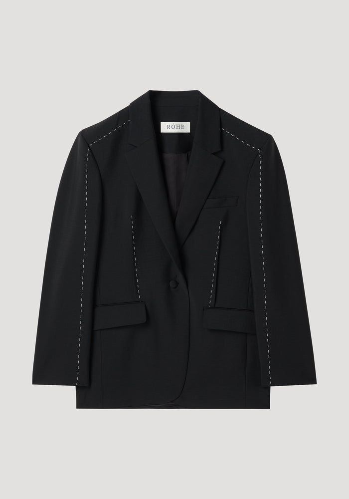 Contrast detail blazer | black, featuring a single-button design with fine white stitching, oversized fit, and lapel revealing a white underside. Made from premium wool-mohair blend.