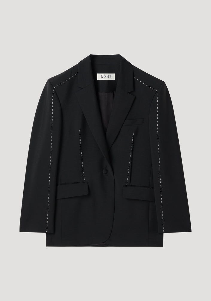 Contrast detail blazer | black, featuring a single-button design with fine white stitching, oversized fit, and lapel revealing a white underside. Made from premium wool-mohair blend.