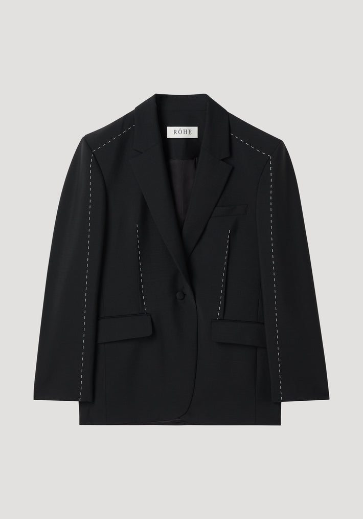 Contrast detail blazer | black, featuring a single-button design with fine white stitching, oversized fit, and lapel revealing a white underside. Made from premium wool-mohair blend.