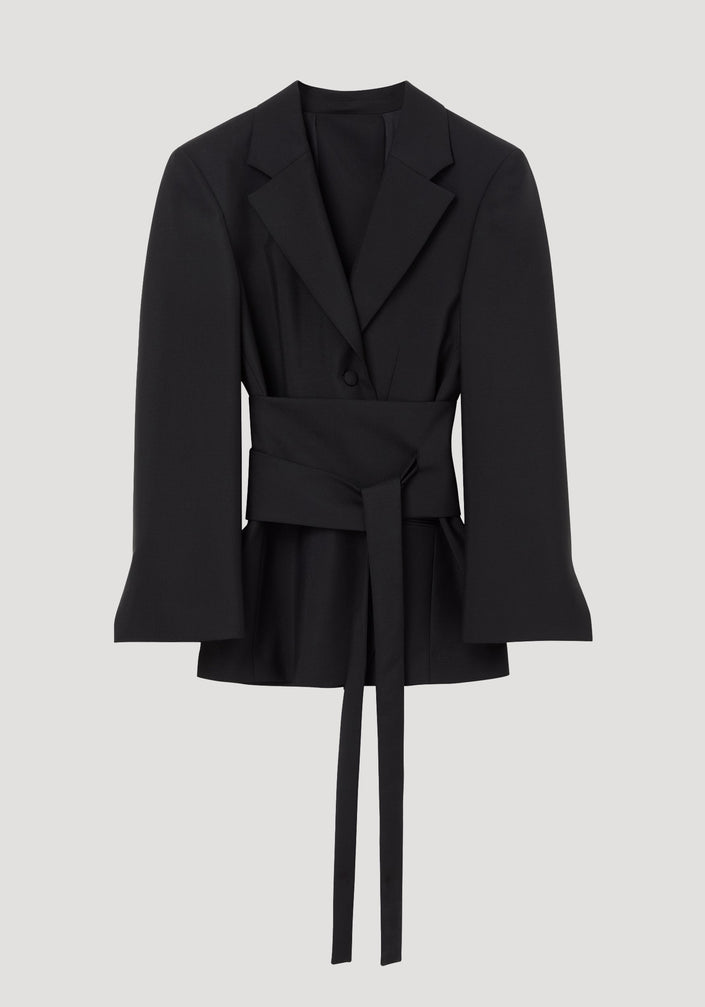 Kimono belted blazer in black, featuring a wrap-style design with notch lapels, wide sash tie, and tailored hourglass silhouette, crafted from wool-mohair blend.