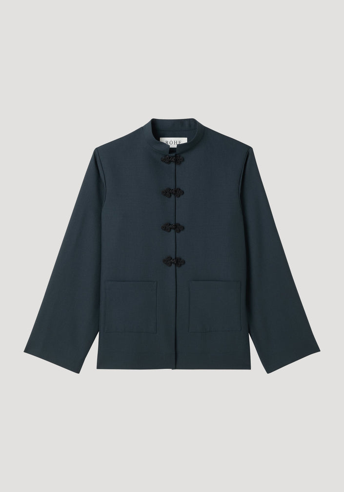 Mandarin jacket | storm: Dark-navy, hip-length with a stand-up collar, frog closures, patch pockets, and long sleeves. Made from soft, pure wool.