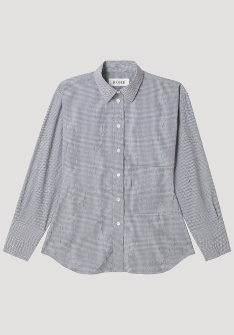 Crushed checked shaped shirt | mini grey check: Long-sleeve gingham button-down with point collar, chest pocket, sculpted waist, and curved hem. Crafted from crushed cotton-blend fabric.
