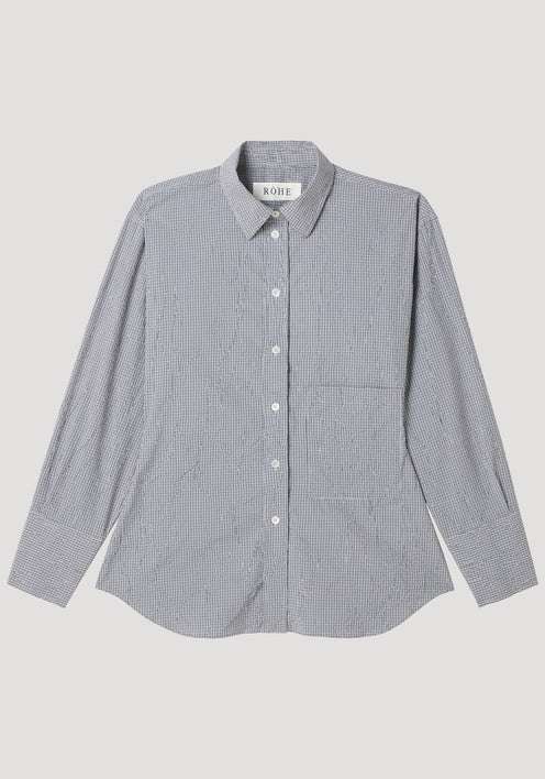 Crushed checked shaped shirt | mini grey check: Long-sleeve gingham button-down with point collar, chest pocket, sculpted waist, and curved hem. Crafted from crushed cotton-blend fabric.