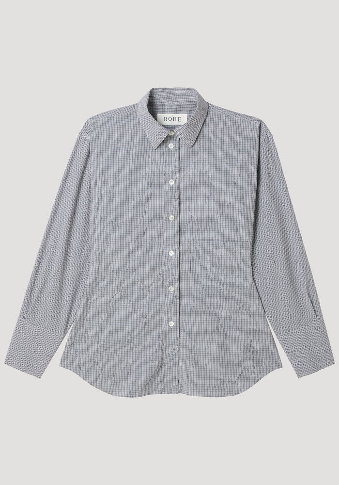 Crushed checked shaped shirt | mini grey check: Long-sleeve gingham button-down with point collar, chest pocket, sculpted waist, and curved hem. Crafted from crushed cotton-blend fabric.