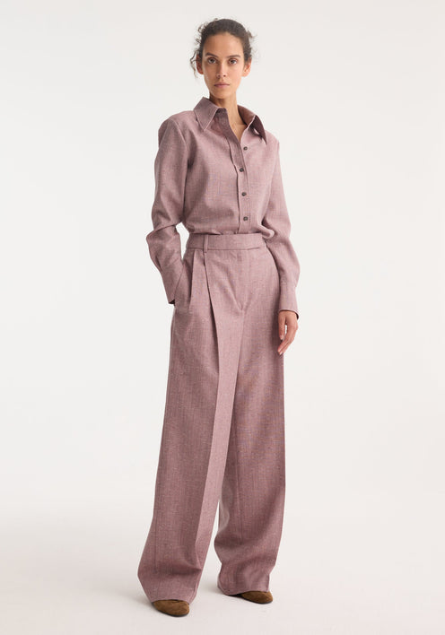 Fitted tweed shirt | mauve melange: Women's long-sleeve button-up with sharp collar, black buttons, high-low hem, crafted from a virgin wool blend for a refined silhouette.