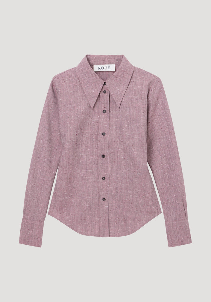 Fitted tweed shirt | mauve melange: Women's long-sleeve button-up with sharp collar, black buttons, high-low hem, crafted from a virgin wool blend for a refined silhouette.
