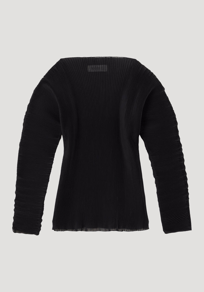 Sculptural plissé top | black: Women’s black long-sleeve top with finely pleated fabric, scooped neckline, slim fit, and voluminous sleeves, from label “RÖHE.”