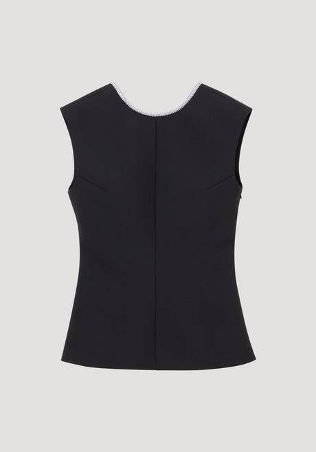 Open back appliqué top in black with a scooped neckline, rhinestone trim, seam-shaped darts, and crystal appliqué along the open back, laid flat.