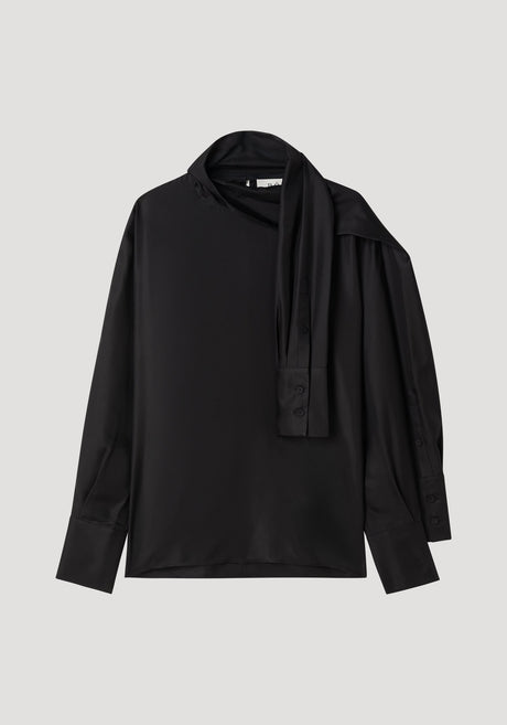 Foulard satin top in black with draped sleeves and scarf-like neckline, showcasing a fluid silhouette in soft satin, laid flat against a neutral background.