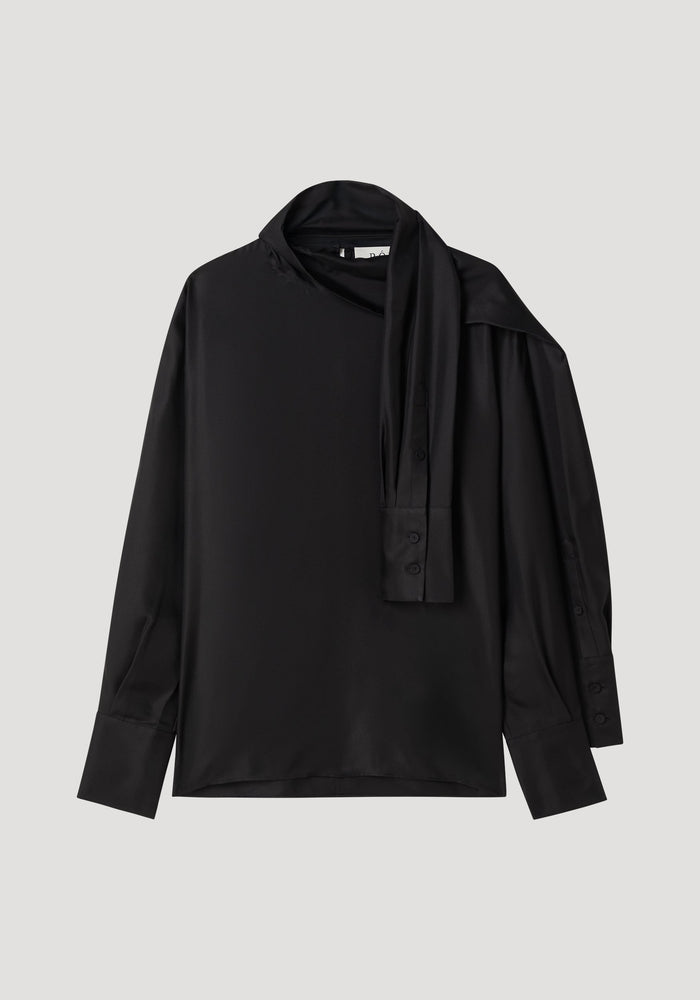 Foulard satin top in black with draped sleeves and scarf-like neckline, showcasing a fluid silhouette in soft satin, laid flat against a neutral background.
