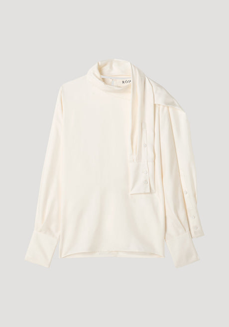 Foulard silk top | cream: Off-white blouse with draped scarf-like neck, button-cuff sleeves, and fluid silhouette. Made from pure silk, featuring RÓH label.