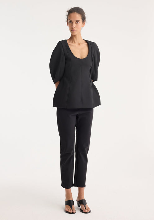 Sculptural top | black: Women's top with a deep scoop neckline, sculpted seams, short puffed sleeves, and a subtle peplum flare for a flattering silhouette.