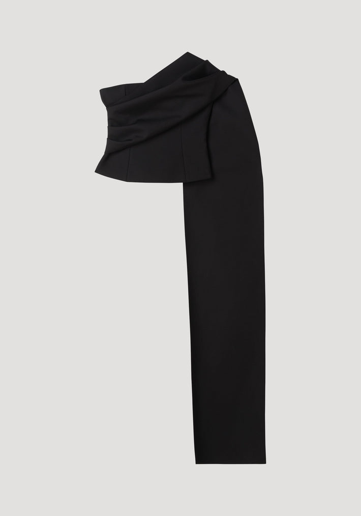 Black, high-waisted trousers with asymmetric draped sash detail at waist, showcasing one leg. Part of the One-shoulder cape top | black collection.