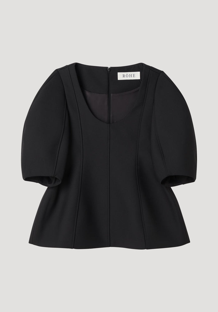 Sculptural top | black: Women's top with a deep scoop neckline, sculpted seams, short puffed sleeves, and a subtle peplum flare for a flattering silhouette.