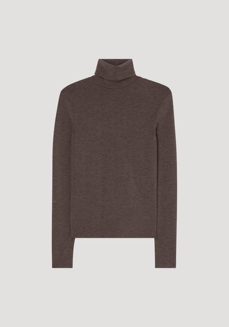 Fine merino turtleneck in brown melange, long-sleeved and fitted, crafted from 100% wool, displayed flat to highlight its classic design and versatile styling.