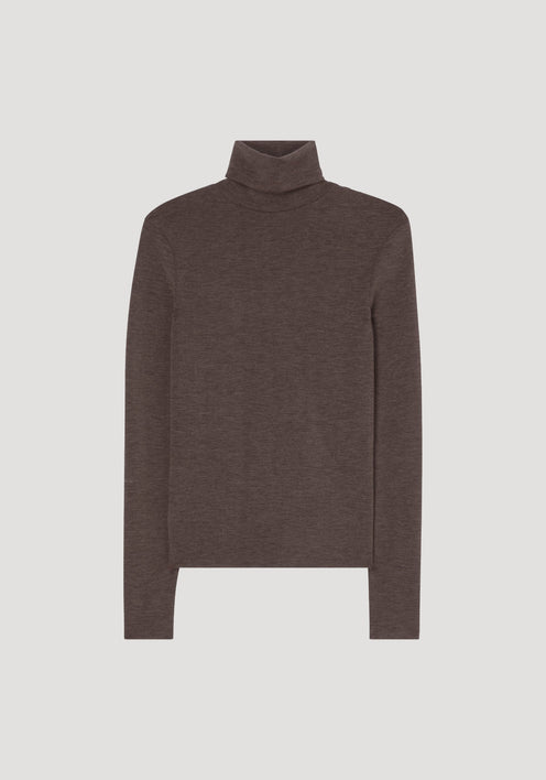 Fine merino turtleneck in brown melange, long-sleeved and fitted, crafted from 100% wool, displayed flat to highlight its classic design and versatile styling.